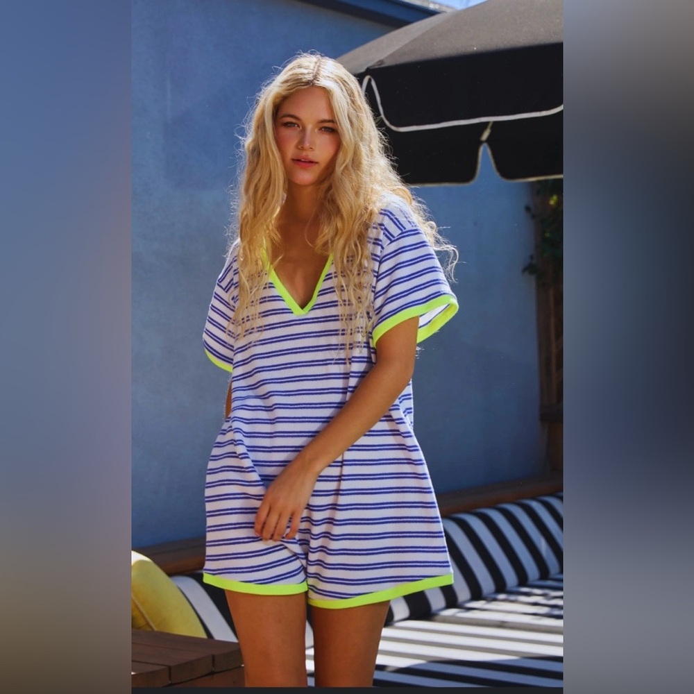 BUCKETLIST Blue and White Striped Romper with Neon Trim